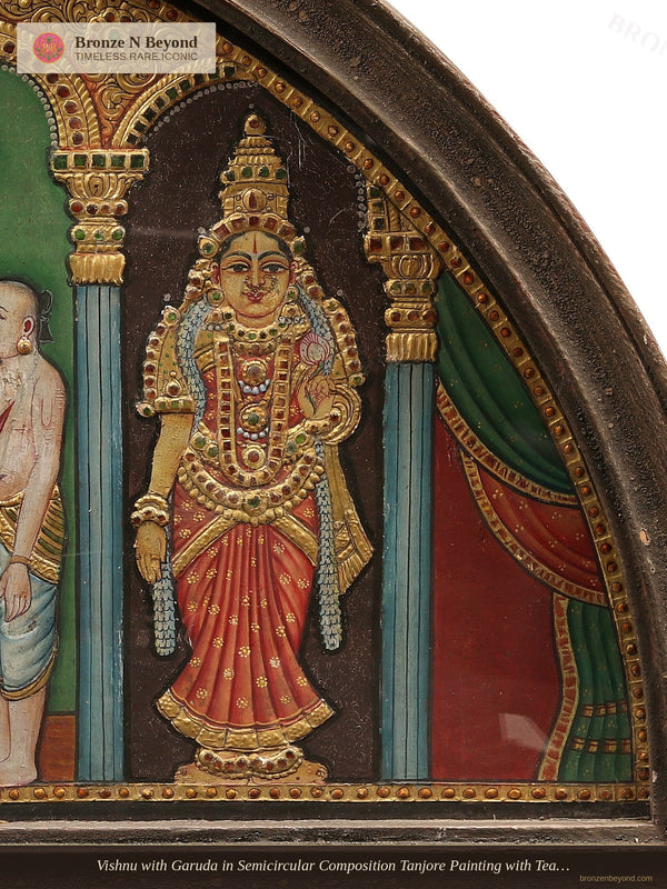 Vishnu with Garuda in Semicircular Composition Tanjore Painting with Teakwood Framed