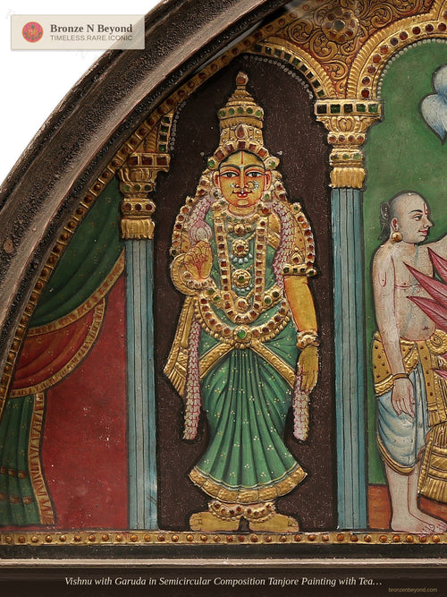 Vishnu with Garuda in Semicircular Composition Tanjore Painting with Teakwood Framed