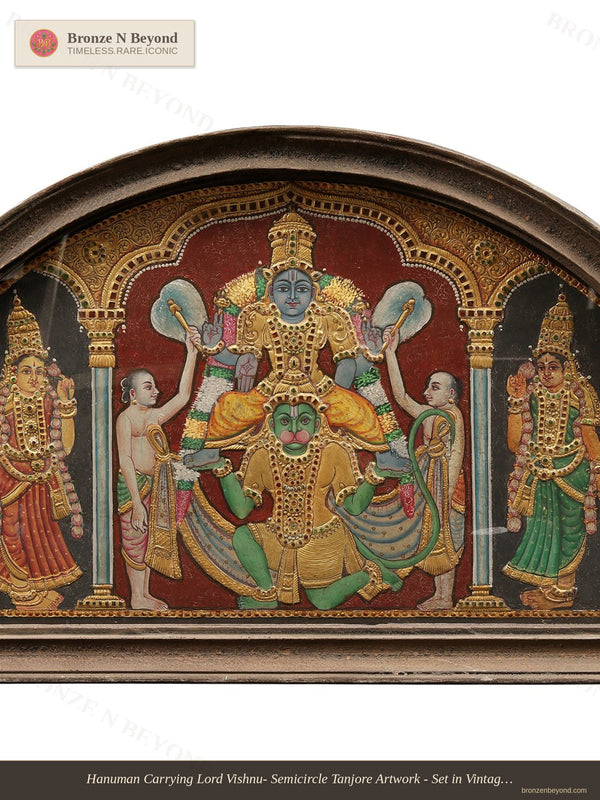 Hanuman Carrying Lord Vishnu- Semicircle Tanjore Artwork - Set in Vintage Teakwood Frame