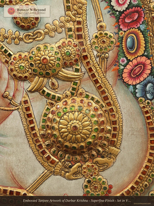 Embossed Tanjore Artwork of Darbar Krishna - Superfine Finish - Set in Vintage Teakwood Frame