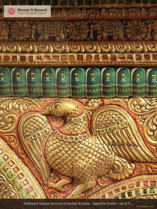 Embossed Tanjore Artwork of Darbar Krishna - Superfine Finish - Set in Vintage Teakwood Frame
