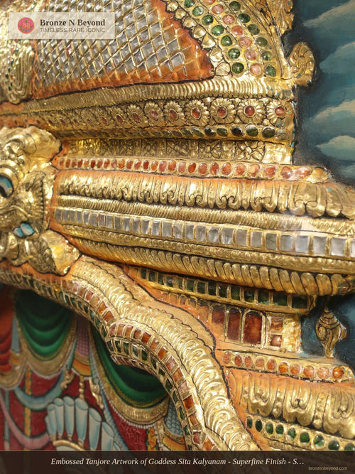 Embossed Tanjore Artwork of Goddess Sita Kalyanam - Superfine Finish - Set in Vintage Teakwood Frame