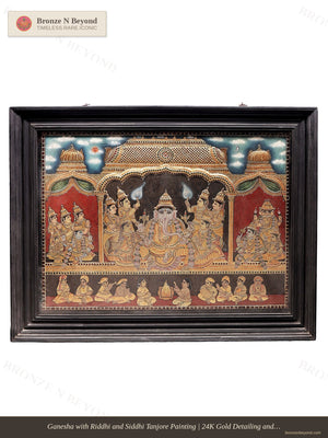 Lord Ganesha with Riddhi and Siddhi Tanjore Painting