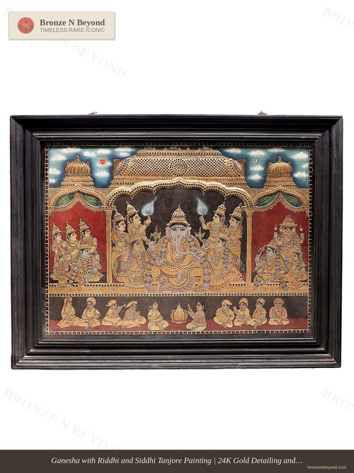 Lord Ganesha with Riddhi and Siddhi Tanjore Painting