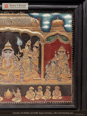 Ganesha with Riddhi and Siddhi Tanjore Painting | 24K Gold Detailing and Teakwood Frame
