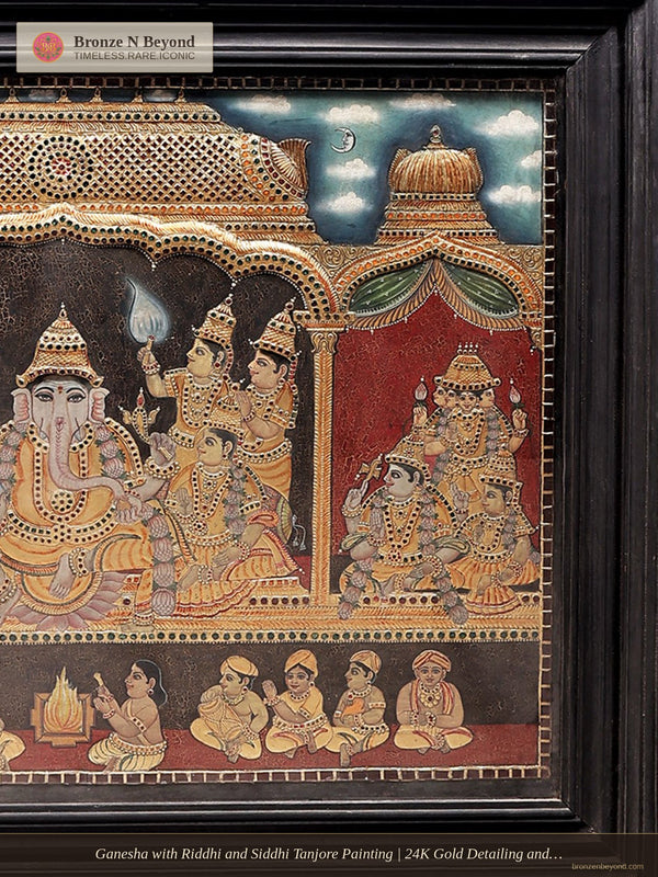Ganesha with Riddhi and Siddhi Tanjore Painting | 24K Gold Detailing and Teakwood Frame