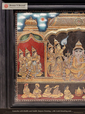 Ganesha with Riddhi and Siddhi Tanjore Painting | 24K Gold Detailing and Teakwood Frame