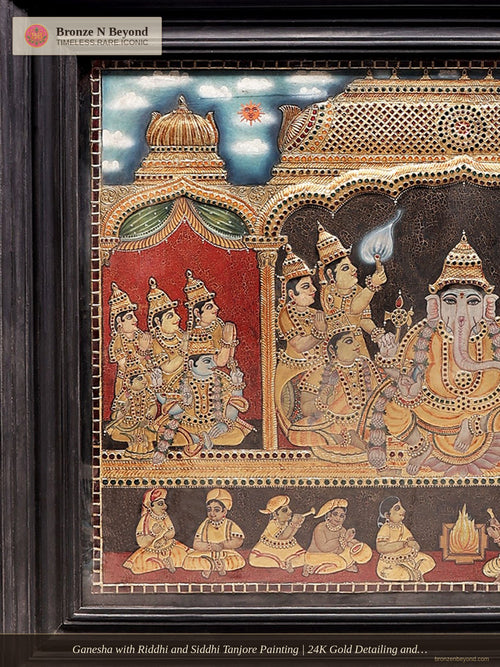 Ganesha with Riddhi and Siddhi Tanjore Painting | 24K Gold Detailing and Teakwood Frame