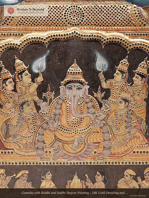 Ganesha with Riddhi and Siddhi Tanjore Painting | 24K Gold Detailing and Teakwood Frame