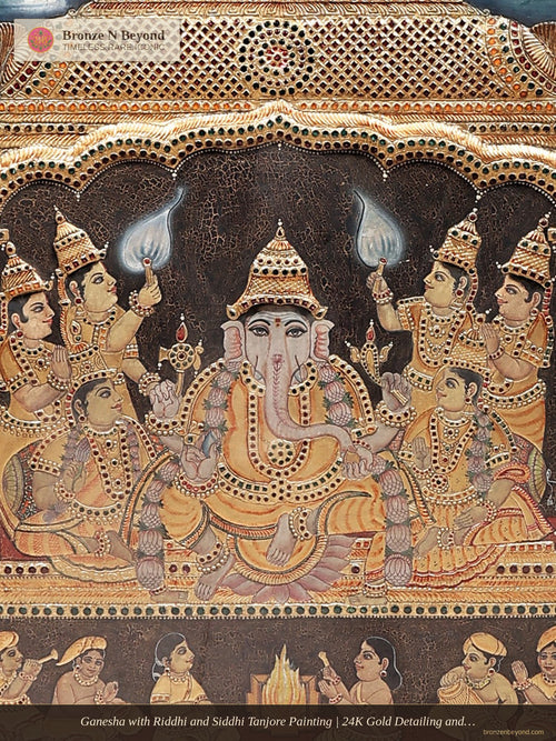 Ganesha with Riddhi and Siddhi Tanjore Painting | 24K Gold Detailing and Teakwood Frame