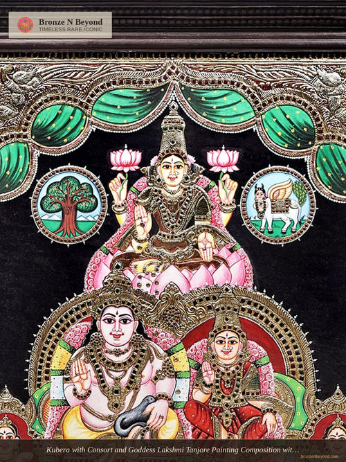 Kubera with Consort and Goddess Lakshmi Tanjore Painting Composition with 24K Gold, Teakwood Frame