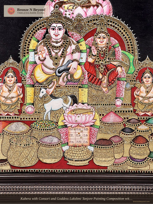 Kubera with Consort and Goddess Lakshmi Tanjore Painting Composition with 24K Gold, Teakwood Frame