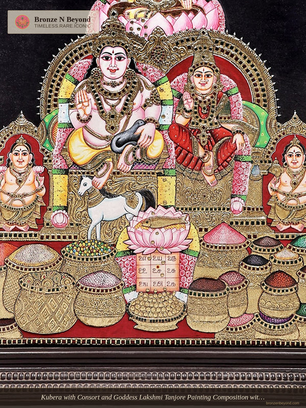 Kubera with Consort and Goddess Lakshmi Tanjore Painting Composition with 24K Gold, Teakwood Frame