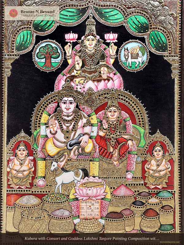 Kubera with Consort and Goddess Lakshmi Tanjore Painting Composition with 24K Gold, Teakwood Frame