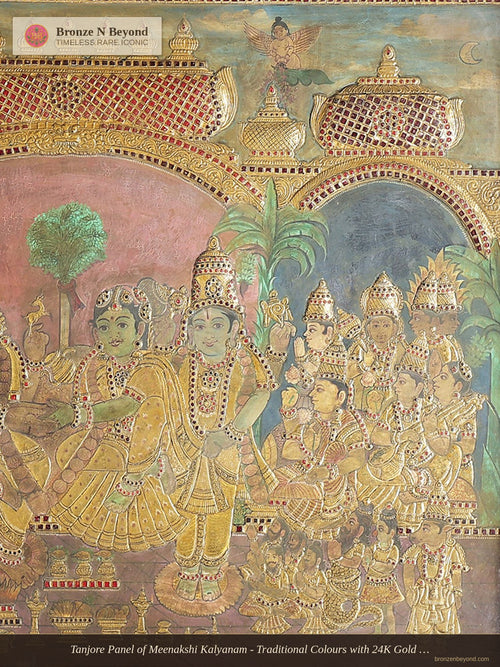 Tanjore Panel of Meenakshi Kalyanam - Traditional Colours with 24K Gold Relief - Teakwood Frame