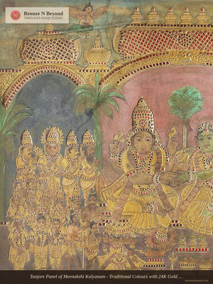 Tanjore Panel of Meenakshi Kalyanam - Traditional Colours with 24K Gold Relief - Teakwood Frame