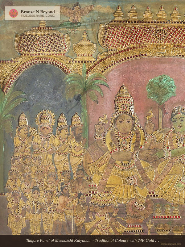 Tanjore Panel of Meenakshi Kalyanam - Traditional Colours with 24K Gold Relief - Teakwood Frame
