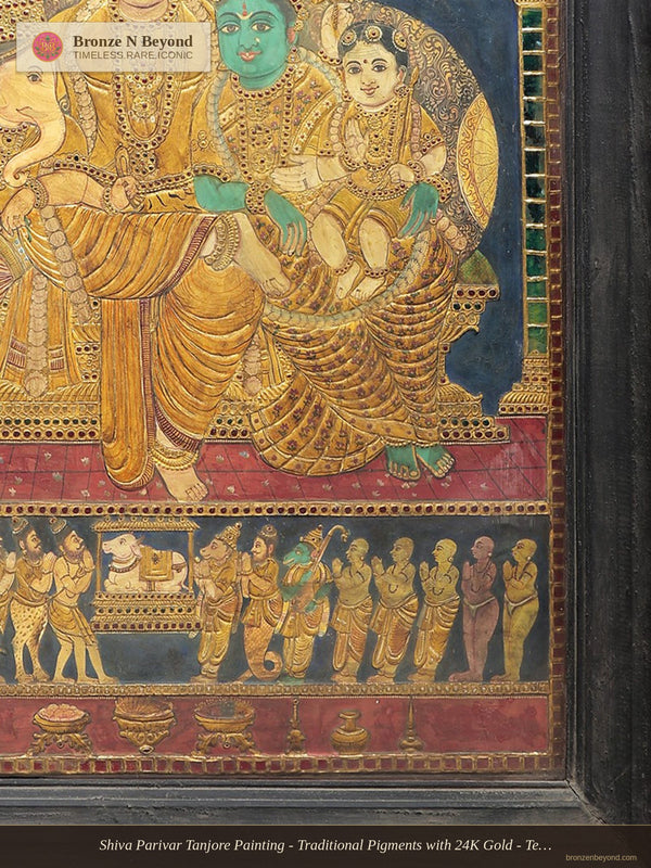 Shiva Parivar Tanjore Painting - Traditional Pigments with 24K Gold - Teakwood Frame