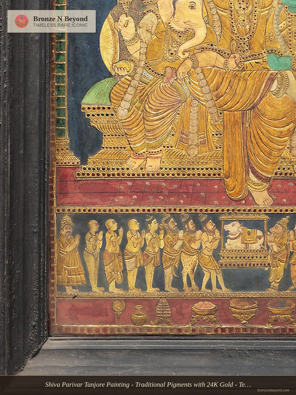 Shiva Parivar Tanjore Painting - Traditional Pigments with 24K Gold - Teakwood Frame