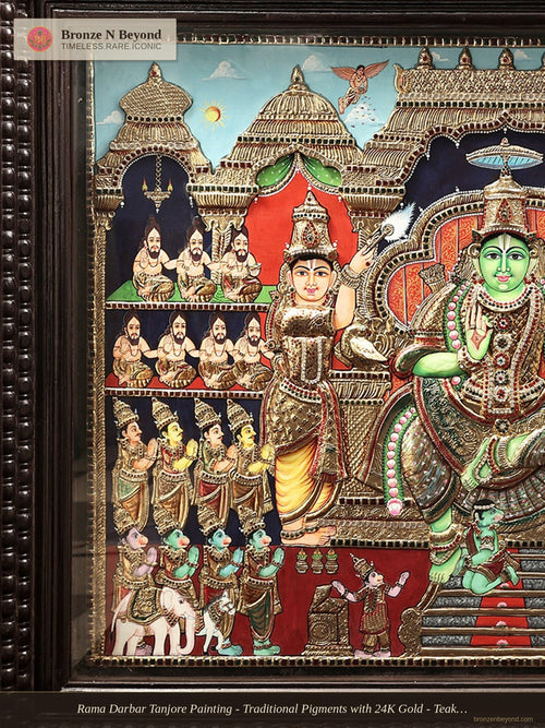 Rama Darbar Tanjore Painting - Traditional Pigments with 24K Gold - Teakwood Framed