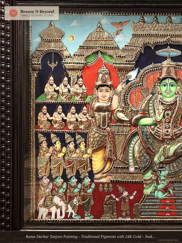Rama Darbar Tanjore Painting - Traditional Pigments with 24K Gold - Teakwood Framed