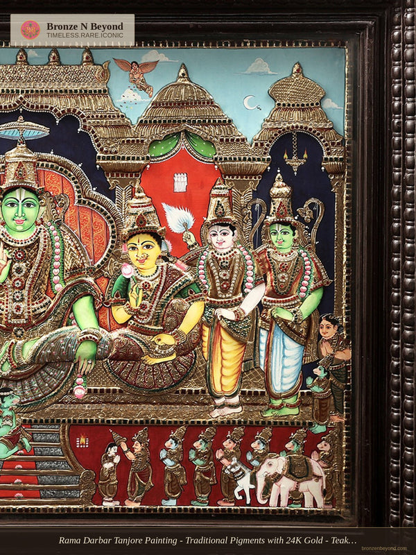 Rama Darbar Tanjore Painting - Traditional Pigments with 24K Gold - Teakwood Framed