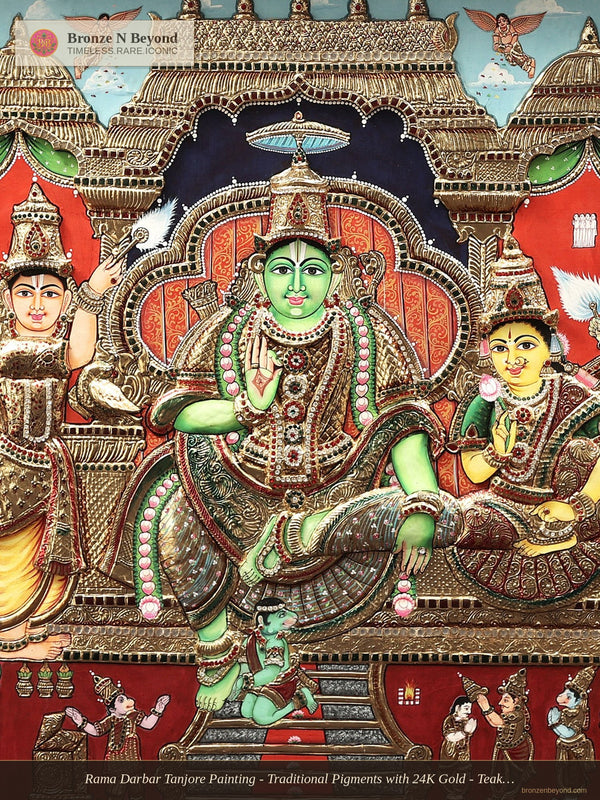 Rama Darbar Tanjore Painting - Traditional Pigments with 24K Gold - Teakwood Framed