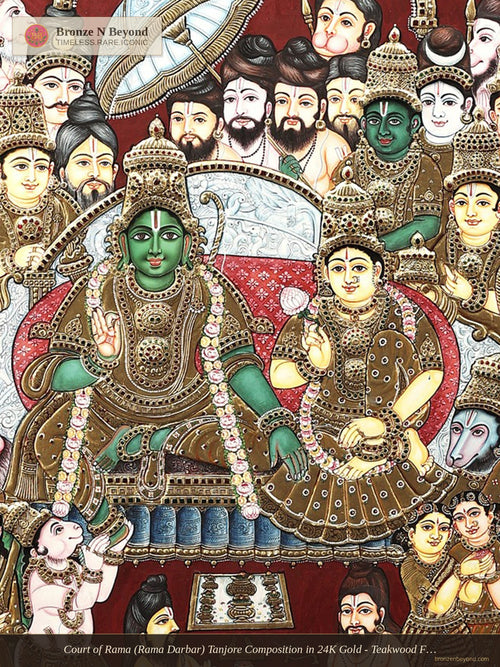 Court of Rama (Rama Darbar) Tanjore Composition in 24K Gold - Teakwood Frame