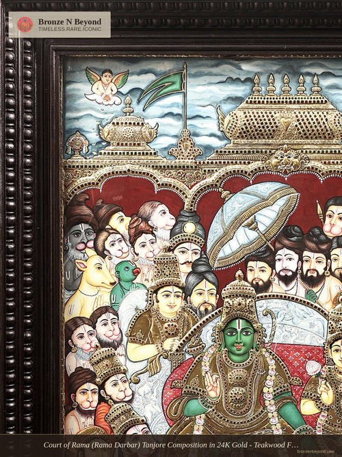 Court of Rama (Rama Darbar) Tanjore Composition in 24K Gold - Teakwood Frame