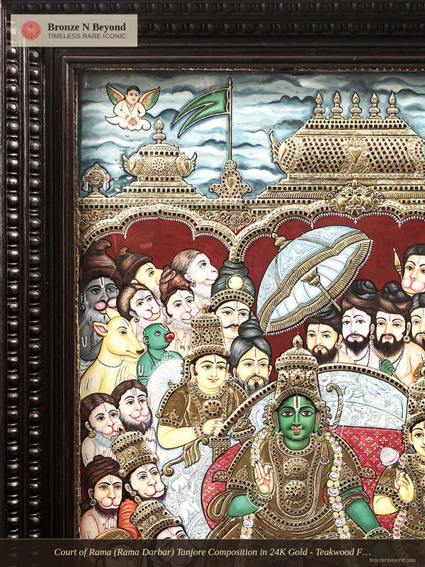 Court of Rama (Rama Darbar) Tanjore Composition in 24K Gold - Teakwood Frame
