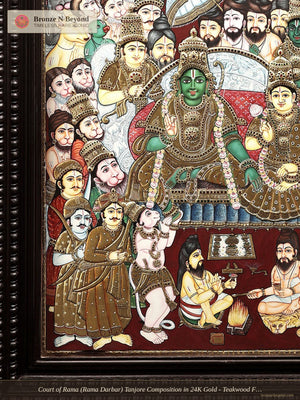 Court of Rama (Rama Darbar) Tanjore Composition in 24K Gold - Teakwood Frame