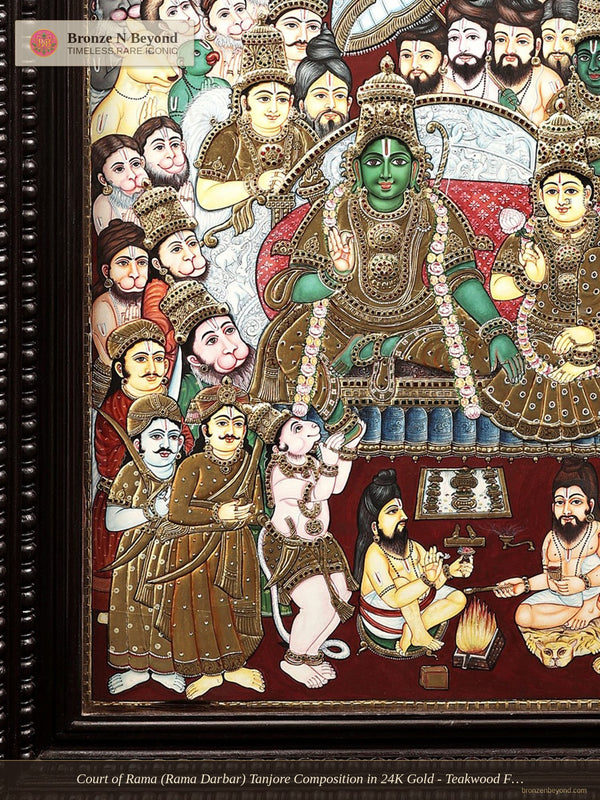Court of Rama (Rama Darbar) Tanjore Composition in 24K Gold - Teakwood Frame