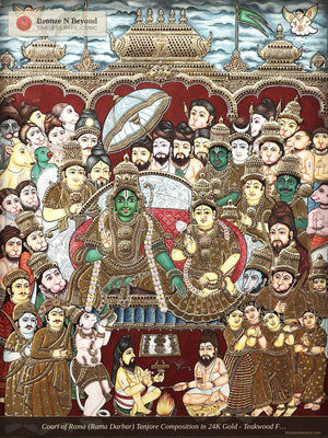 Court of Rama (Rama Darbar) Tanjore Composition in 24K Gold - Teakwood Frame