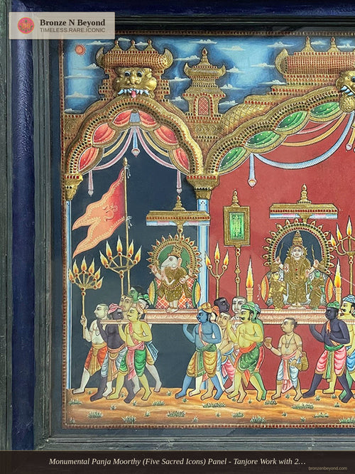 Monumental Panja Moorthy (Five Sacred Icons) Panel - Tanjore Work with 24K Gold Embossing - Teakwood Framed