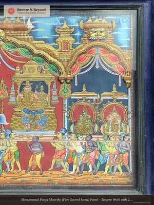 Monumental Panja Moorthy (Five Sacred Icons) Panel - Tanjore Work with 24K Gold Embossing - Teakwood Framed