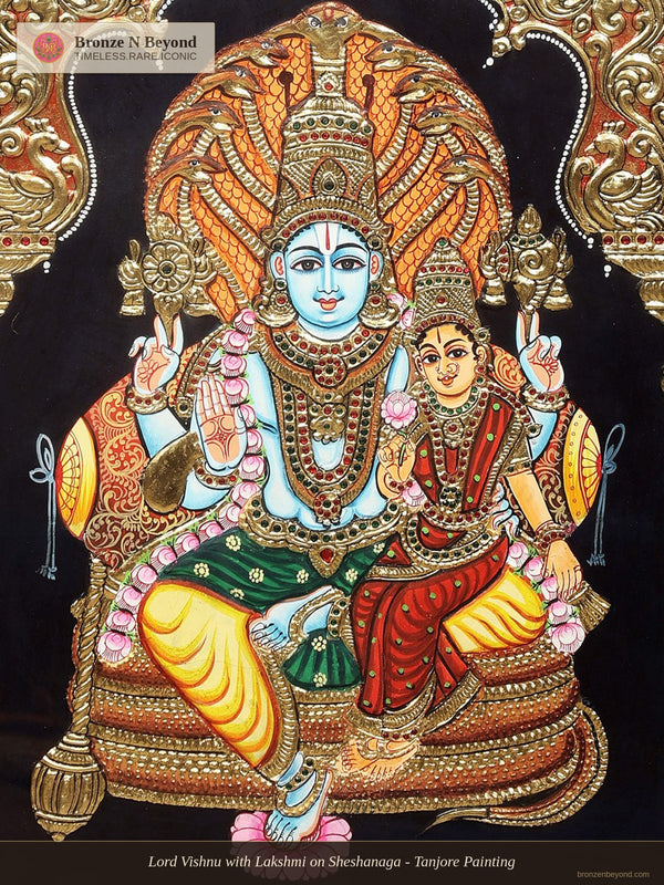 Lord Vishnu with Lakshmi on Sheshanaga - Tanjore Painting