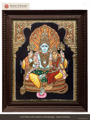 Vishnu Seated on Sheshanaga with Lakshmi Tanjore Painting