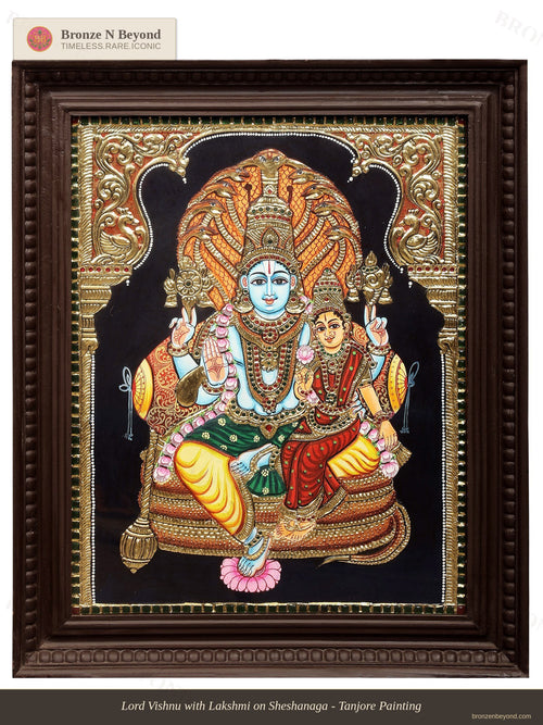 Vishnu Seated on Sheshanaga with Lakshmi Tanjore Painting
