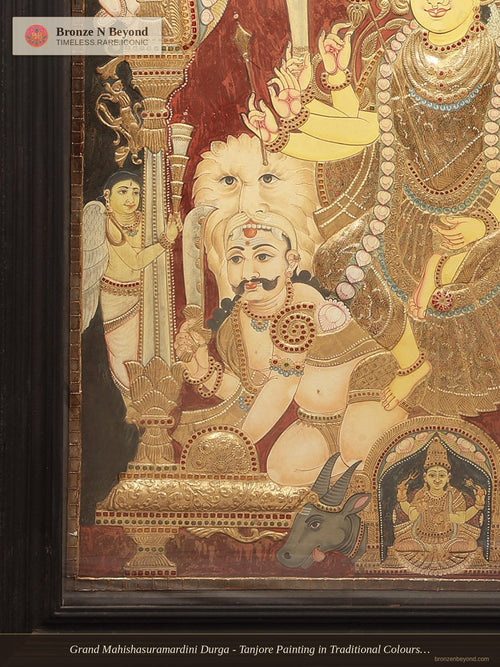 Grand Mahishasuramardini Durga - Tanjore Painting in Traditional Colours with 24K Gold - Teakwood Frame