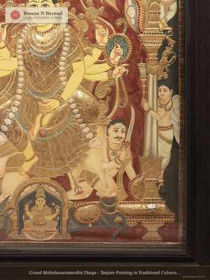 Grand Mahishasuramardini Durga - Tanjore Painting in Traditional Colours with 24K Gold - Teakwood Frame