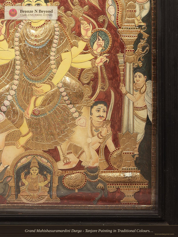 Grand Mahishasuramardini Durga - Tanjore Painting in Traditional Colours with 24K Gold - Teakwood Frame