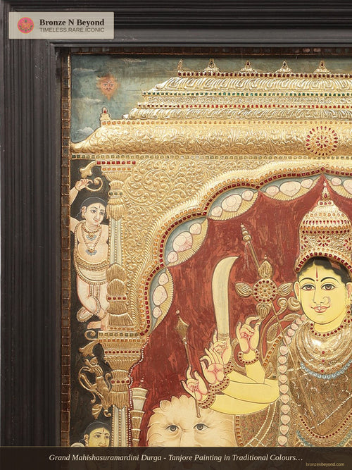 Grand Mahishasuramardini Durga - Tanjore Painting in Traditional Colours with 24K Gold - Teakwood Frame