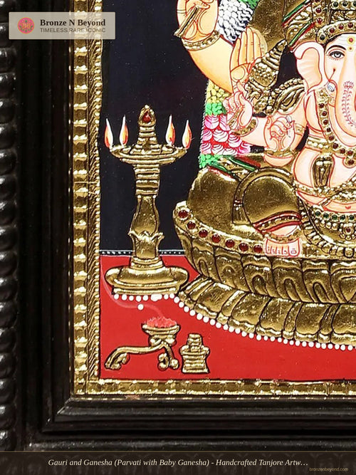 Gauri and Ganesha (Parvati with Baby Ganesha) - Handcrafted Tanjore Artwork with Traditional Pigments and 24K Gold - Teakwood Frame