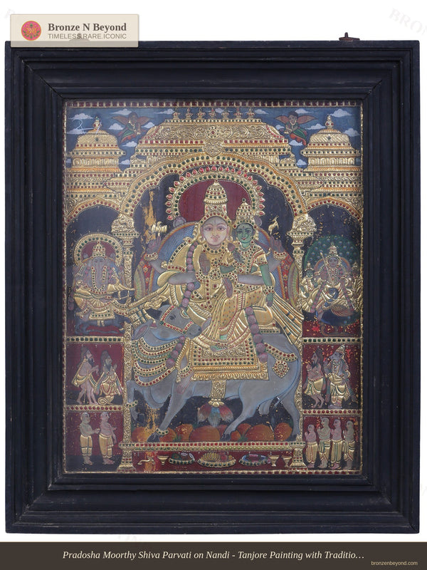 Pradosha Moorthy Shiva Parvati on Nandi - Tanjore Painting with Traditional Colours and 24K Gold - Teakwood Frame