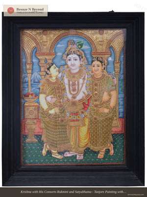 Krishna with Rukmini and Satyabhama Tanjore Painting