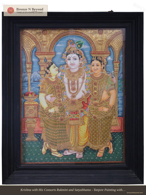 Krishna with Rukmini and Satyabhama Tanjore Painting