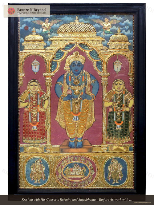 Krishna with Rukmini and Satyabhama Tanjore Painting