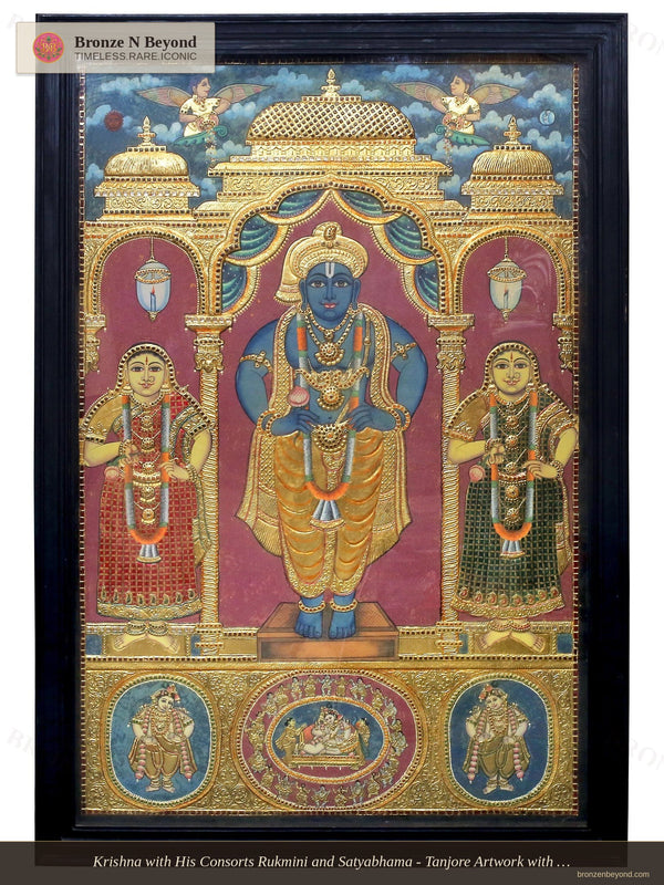 Krishna with Rukmini and Satyabhama Tanjore Painting