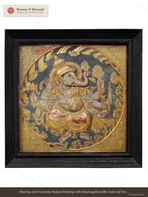 Dancing Lord Ganesha Tanjore Painting 24K Gold Work