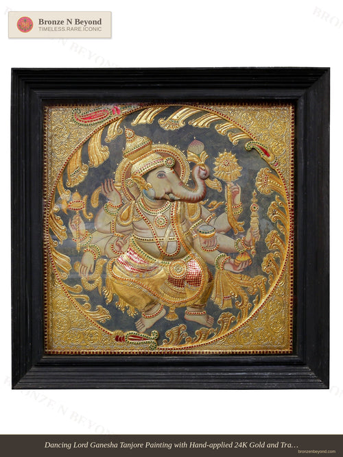 Dancing Lord Ganesha Tanjore Painting 24K Gold Work